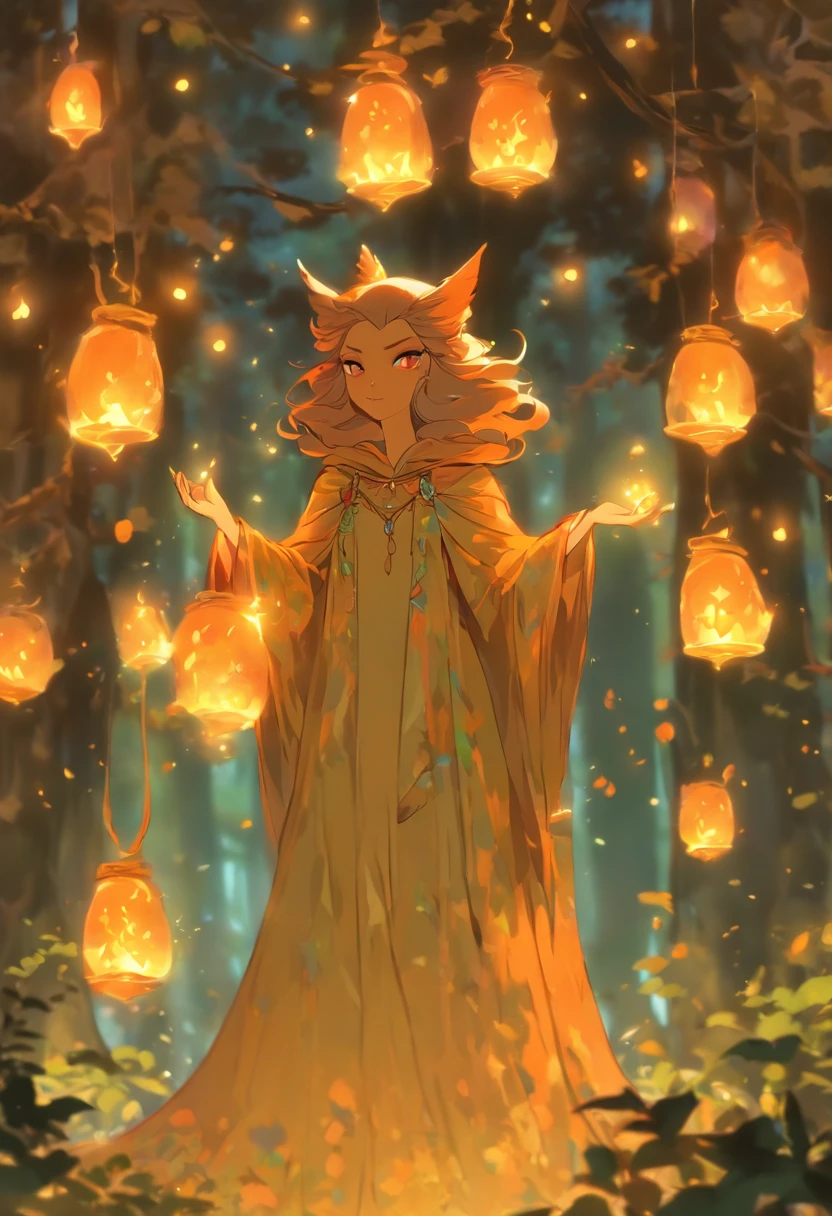 A witch with (vibrant, fiery) orange hair casting (powerful, mesmerizing) glowing orange spells, wearing a flowing blue robe, inside of a (mysterious, enchanted) mystical forest. The forest is filled with (ancient, towering) trees covered in moss and (twinkling, magical) fireflies. The witch's eyes are (piercing, intense) and her lips are (dark, enchanting) red. The forest is bathed in (ethereal, soft) golden sunlight, creating (dappled, dreamy) shadows on the forest floor. The atmosphere is filled with (whispers, whispers of arcane knowledge) and the smell of (herbs, herbs and earth). The witch's spells create (sparks, sparks of energy) that dance through the air, illuminating the forest with their (warm, vibrant) orange glow. The air is filled with the sound of (crackling, crackling magic) and the hoot of an (elusive, mystical) owl. The witch's presence is both (alluring, mysterious) and (empowering, captivating), as she harnesses the magic of the forest to weave (intricate, intricate) spells. The scene exudes an aura of (magic, magic and enchantment), inviting the viewer to step into this (spellbound, spellbound) world. (best quality, highres), ultra-detailed, photorealistic:1.37. [HDR], [studio lighting].