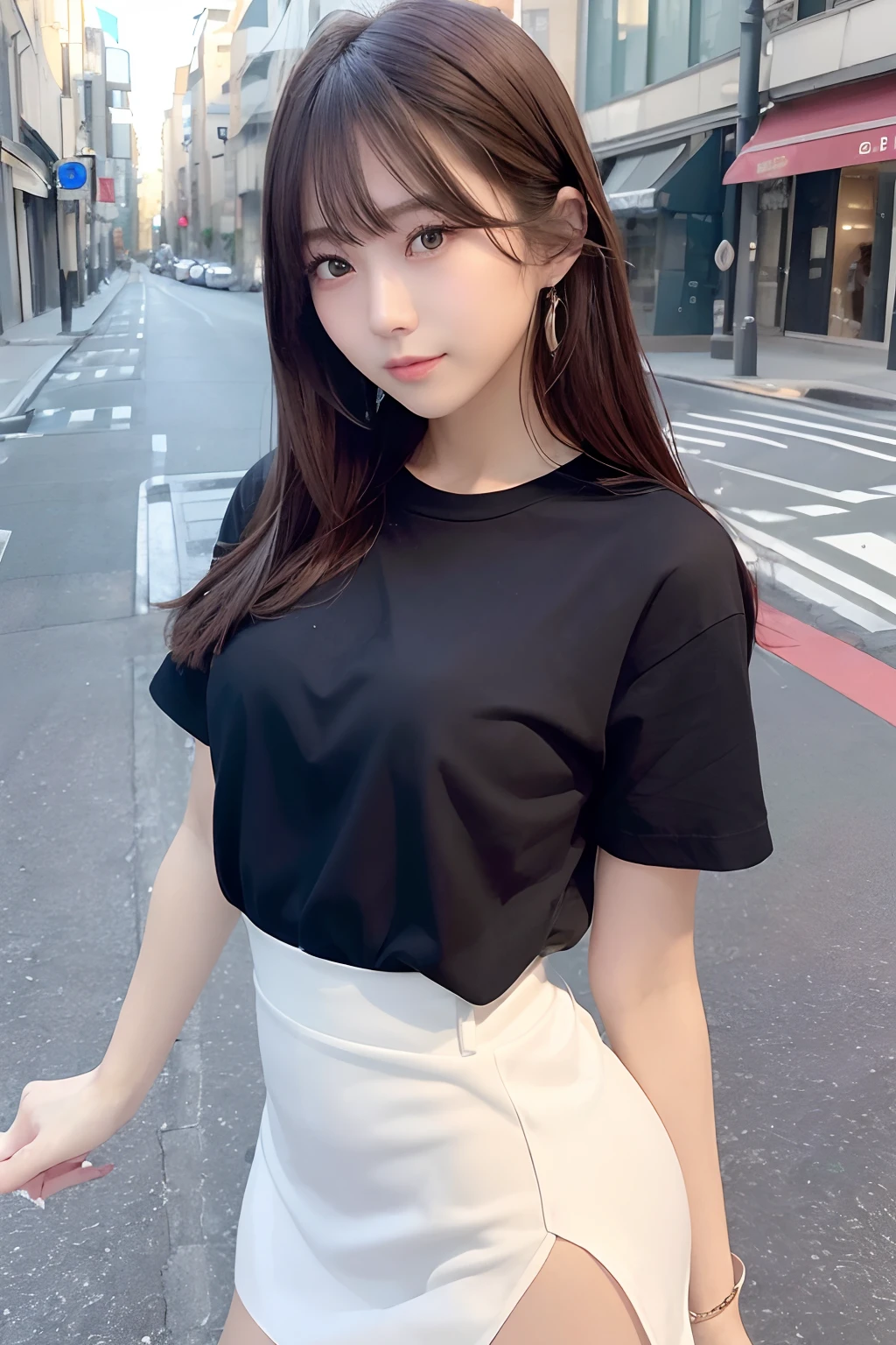 ((top-quality、8k、masterpiece:1.3))、femele、a smile、full bodyesbian、with round face、The contours of the face are round、The top of the cheeks are plump、Pretty women、shorth hair、(dark brown hair)、a black T-shirt:1.1、a miniskirt、hyperdetailed face、A detailed eye、二重まぶた、blured background、城市、takeout、a street、tshirts、a miniskirt、In the street、slender、A slender、Slender body lines、Shot from the front