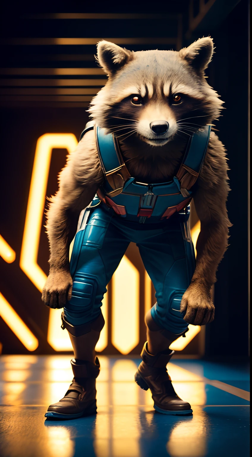 Rocket Raccoon (marvel), em uma rua movimentada com placas de neon, Cyberpunk aesthetics, Very detailed lighting, Dramatic, trending digital art in Artstation 8k HD realistic detailed high definition, detalhado, textura da pele, hiper detalhado, textura de pele realista, armadura, melhor qualidade, ultra alto nada, (fotorrealista: 1.4), alta resolução, detalhado,  foto crua, sharp re, por Lee Jeffries Nikon D850 Film Fotografia de Stock 4 Kodak Portra 400 Camera F1.6 Lens Rich Colors Hyper Realistic Texture Dramatic Lighting UnrealEngine trend in ArtStation Cinestill 800