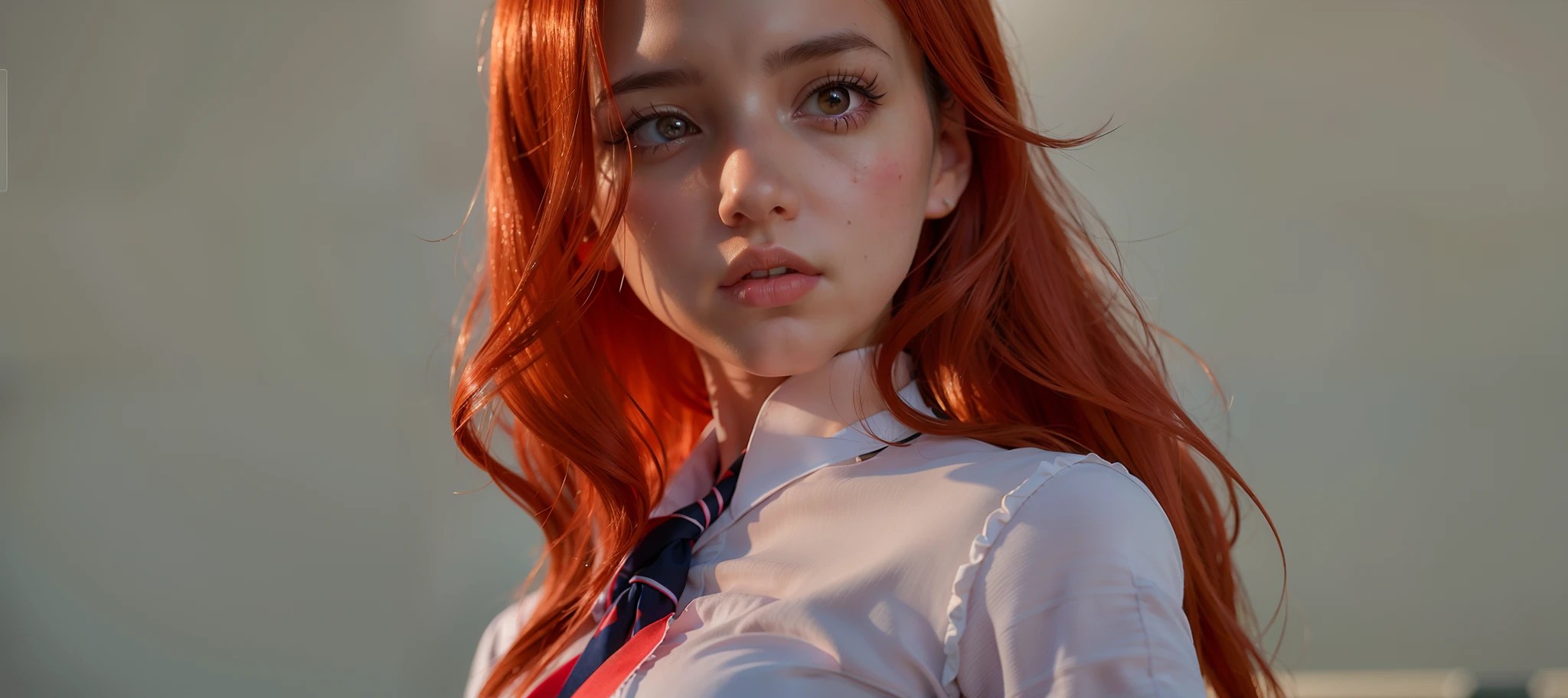 there is a woman with red hair and a tie posing for a picture, hyperrealistic schoolgirl, a hyperrealistic schoolgirl, ilya kuvshinov. 4 k, anime realism style, realistic digital art 4 k, realistic digital art 4k, artwork in the style of guweiz, soft portrait shot 8 k, kawaii realistic portrait, photorealistic anime girl render