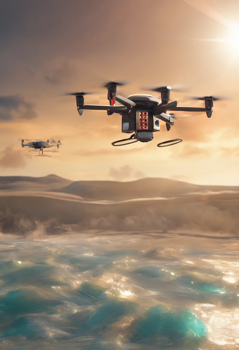 Four drones pulling a package,Front view