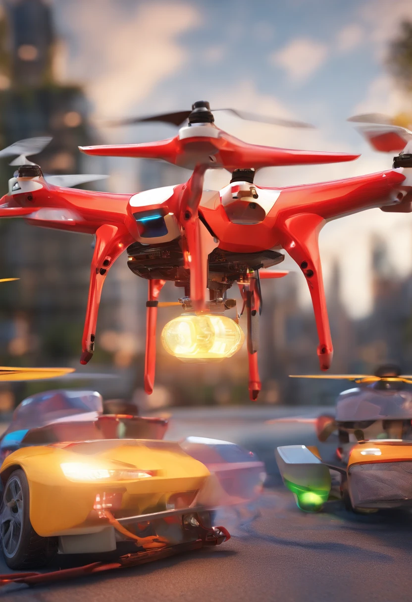 Four drones pulling a package,Front view