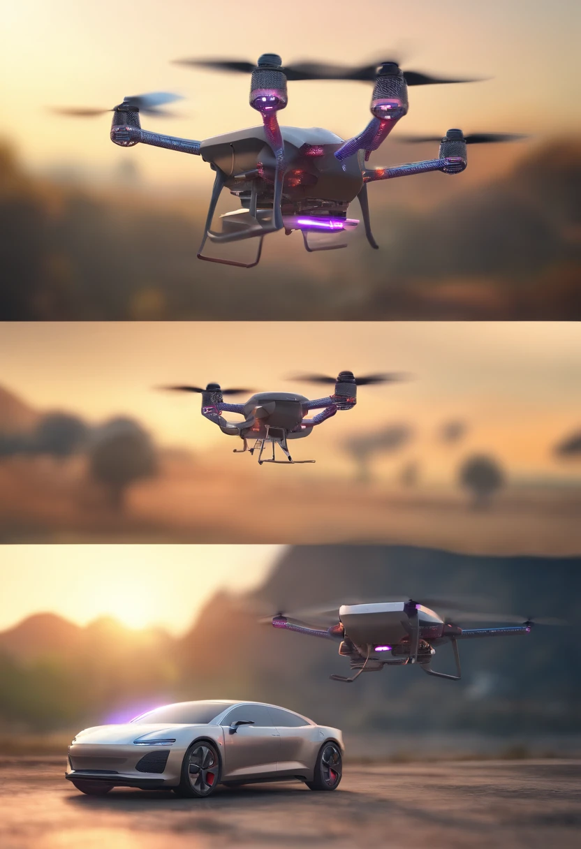 Four drones pulling a package,Front view