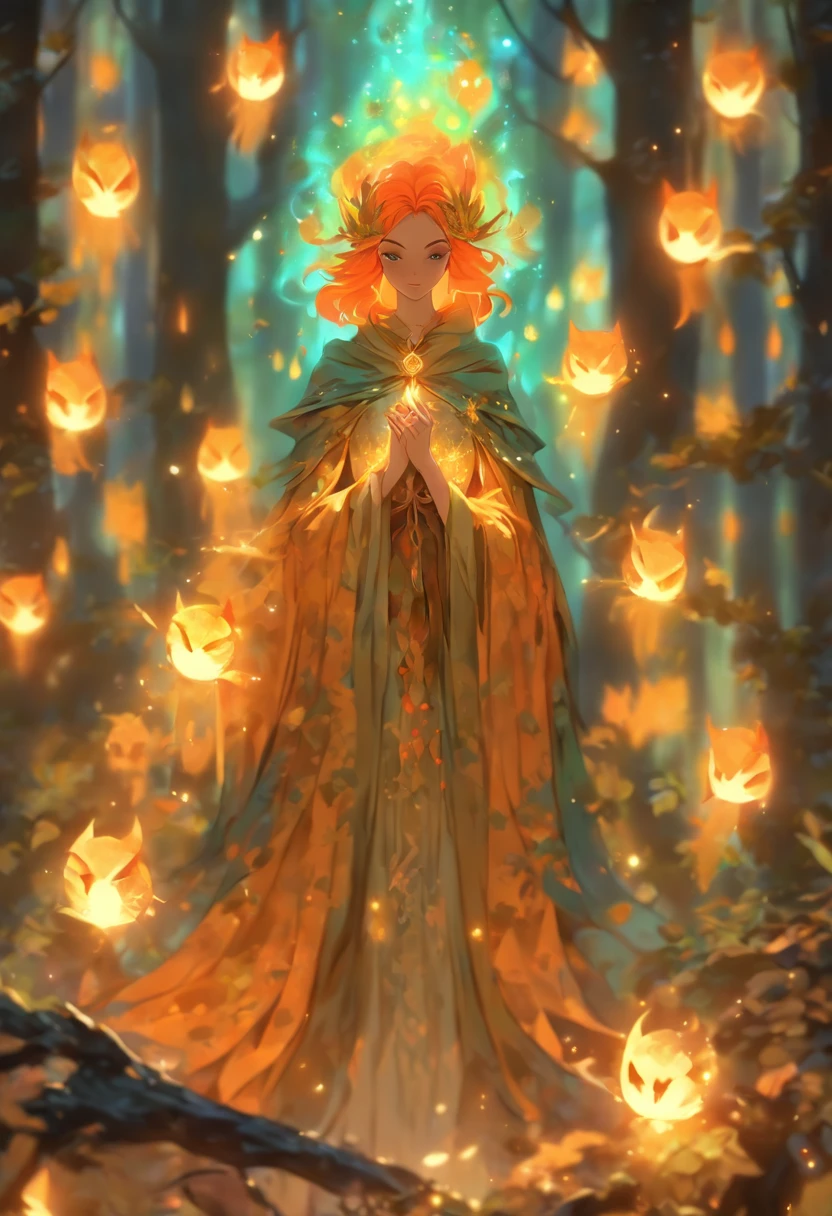 A witch with (vibrant, fiery) orange hair casting (powerful, mesmerizing) glowing orange spells, wearing a flowing blue robe, inside of a (mysterious, enchanted) mystical forest. The forest is filled with (ancient, towering) trees covered in moss and (twinkling, magical) fireflies. The witch's eyes are (piercing, intense) and her lips are (dark, enchanting) red. The forest is bathed in (ethereal, soft) golden sunlight, creating (dappled, dreamy) shadows on the forest floor. The atmosphere is filled with (whispers, whispers of arcane knowledge) and the smell of (herbs, herbs and earth). The witch's spells create (sparks, sparks of energy) that dance through the air, illuminating the forest with their (warm, vibrant) orange glow. The air is filled with the sound of (crackling, crackling magic) and the hoot of an (elusive, mystical) owl. The witch's presence is both (alluring, mysterious) and (empowering, captivating), as she harnesses the magic of the forest to weave (intricate, intricate) spells. The scene exudes an aura of (magic, magic and enchantment), inviting the viewer to step into this (spellbound, spellbound) world. (best quality, highres), ultra-detailed, photorealistic:1.37. [HDR], [studio lighting].