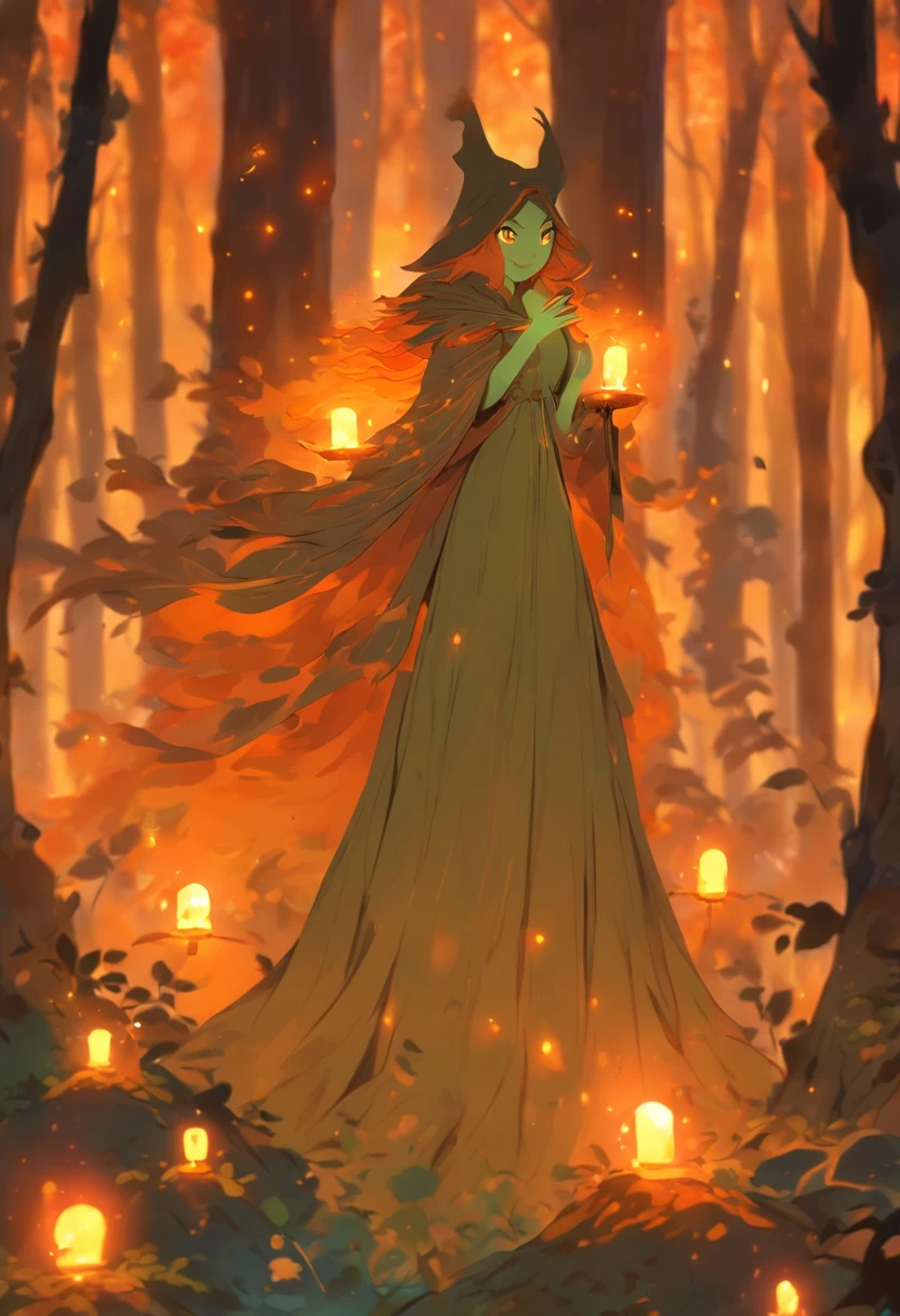 A witch with (vibrant, fiery) orange hair casting (powerful, mesmerizing) glowing orange spells, wearing a flowing blue robe, inside of a (mysterious, enchanted) mystical forest. The forest is filled with (ancient, towering) trees covered in moss and (twinkling, magical) fireflies. The witch's eyes are (piercing, intense) and her lips are (dark, enchanting) red. The forest is bathed in (ethereal, soft) golden sunlight, creating (dappled, dreamy) shadows on the forest floor. The atmosphere is filled with (whispers, whispers of arcane knowledge) and the smell of (herbs, herbs and earth). The witch's spells create (sparks, sparks of energy) that dance through the air, illuminating the forest with their (warm, vibrant) orange glow. The air is filled with the sound of (crackling, crackling magic) and the hoot of an (elusive, mystical) owl. The witch's presence is both (alluring, mysterious) and (empowering, captivating), as she harnesses the magic of the forest to weave (intricate, intricate) spells. The scene exudes an aura of (magic, magic and enchantment), inviting the viewer to step into this (spellbound, spellbound) world. (best quality, highres), ultra-detailed, photorealistic:1.37. [HDR], [studio lighting].