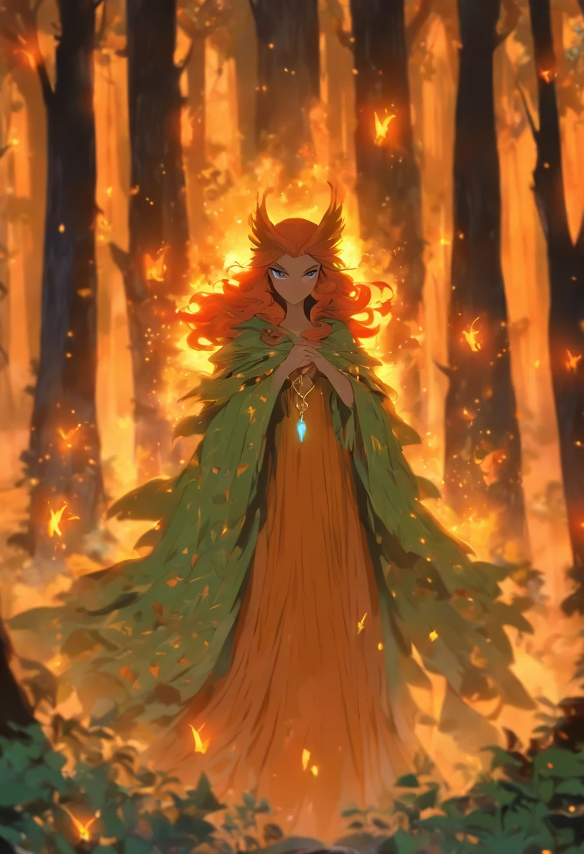 A witch with (vibrant, fiery) orange hair casting (powerful, mesmerizing) glowing orange spells, wearing a flowing blue robe, inside of a (mysterious, enchanted) mystical forest. The forest is filled with (ancient, towering) trees covered in moss and (twinkling, magical) fireflies. The witch's eyes are (piercing, intense) and her lips are (dark, enchanting) red. The forest is bathed in (ethereal, soft) golden sunlight, creating (dappled, dreamy) shadows on the forest floor. The atmosphere is filled with (whispers, whispers of arcane knowledge) and the smell of (herbs, herbs and earth). The witch's spells create (sparks, sparks of energy) that dance through the air, illuminating the forest with their (warm, vibrant) orange glow. The air is filled with the sound of (crackling, crackling magic) and the hoot of an (elusive, mystical) owl. The witch's presence is both (alluring, mysterious) and (empowering, captivating), as she harnesses the magic of the forest to weave (intricate, intricate) spells. The scene exudes an aura of (magic, magic and enchantment), inviting the viewer to step into this (spellbound, spellbound) world. (best quality, highres), ultra-detailed, photorealistic:1.37. [HDR], [studio lighting].