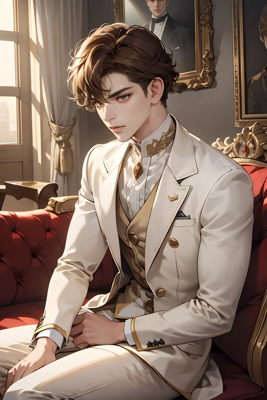 (tmasterpiece, high resolution, ultra - detailed:1.0), (1 boy, Young male), Eyes looking at the camera, Perfect male body, Delicate eyes and delicate face, Extremely detailed CG, 8K wallpaper, Complicated details, solo person, ((dark amber eyes)), ((short-sides-swept curly light brown hair)), [thick eyebrows], sitting room, ((white suit)),In Victorian times,color difference, Depth of field, dramatic shadow, Ray tracing, Best quality, Cinematic lighting, offcial art, Portrait