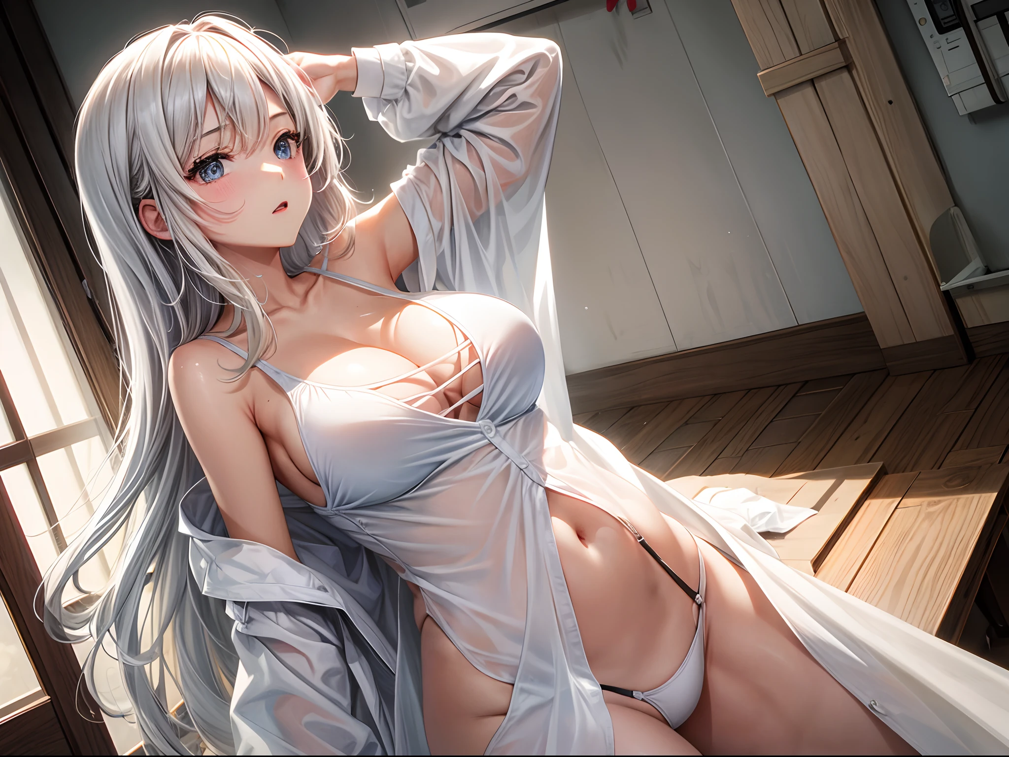 lighting like a movie、Girl in a camisole suit、oversized boobs,up of the upper body、Kaihuai、Private room、long white hair,