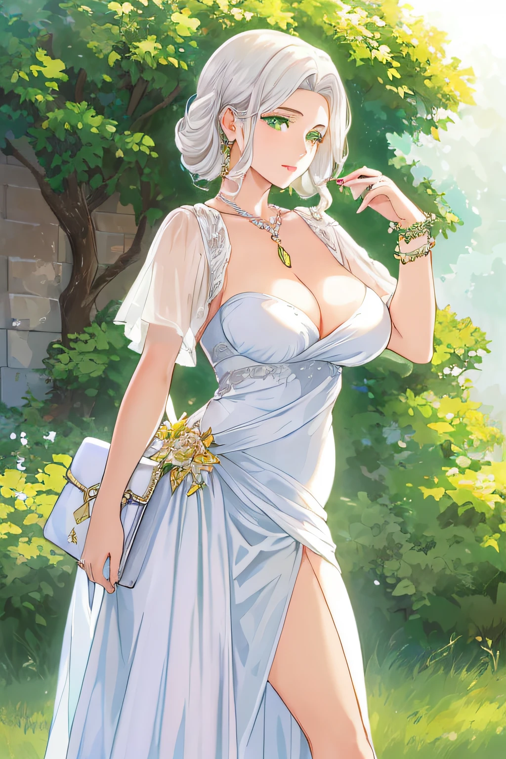 (((image focused from head to waist level, front view))) detailed face, beautiful face, detailed eyes, beautiful eyes, realistic eyes, lighting, pastel tone, 8k image, beautiful, anime style. 1.78. She is very beautiful, with a maternal air. (20 years old) She is a lady of high society with formal and expensive clothes, proving to be a millionaire and elegant woman. ((elegant dress))
She has light brown skin, white hair curly short at the height of her chin, ((White Hair)) a strand falls covering her eye and part of her face on the right side, she is a very beautiful woman and can easily be confused with a “Goddess of the Dawn".
Her eyes are green, ((Green eyes)) and she has full lips that are almost always slanted into a smile that many men consider "captivating.”
Her clothing consists of a beautiful and elegant white and light gray dress, ((elegant dress)) (((reserved clothes))) with a silver leather bag and white high heels, she wears silver necklaces and bracelets.