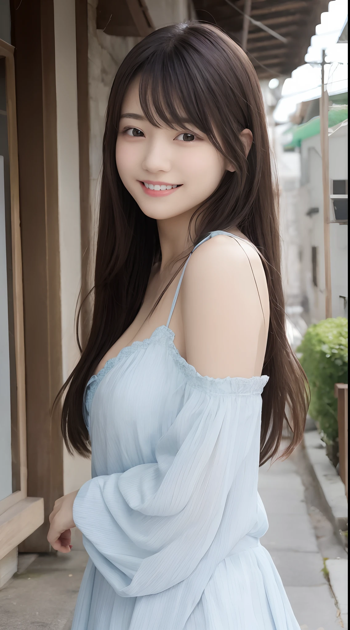 ultra-detailliert、ighly detailed、masterpiece、top-quality、top-quality、absurderes、Hi-Res、Subsurface scattering、(1girl in:1.2)、(Solo:1.2)、(The cutest high school girl in the world:1.3)、bangss、(Smiling smile:1.0)、eye reflections、A detailed eye、perfect eyes、rendered eyes、(looking looking at viewer:1.2)、Dynamic angles、Dynamic Poses、phone、full body Esbian、(Detailed skin:1.1)、skin pore、shinny skin、shinny skin、(dent in the skin: 1.2)、not too large breasts、Cool clothing、Hair flow、夏天、during daytime、outside of house、alleyway、Walkway、In front of the café、(sign:0.9)、(Eau:0.9)、(ln the forest:0.9)、(detailedbackground:1.2)、(the complex background:1.2)