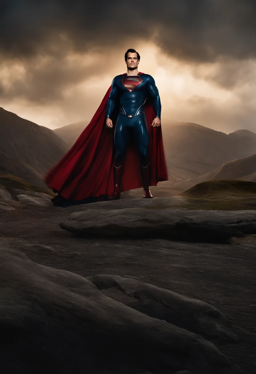 Full body, Henry Cavill, Superman, extra bold, hyper muscular body, waving cape