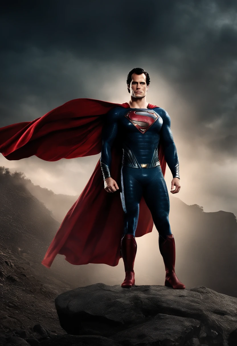 Full body, Henry Cavill, Superman, extra bold, hyper muscular body, waving cape