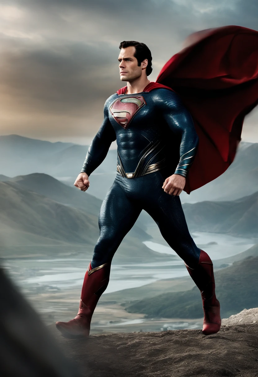 Full body, Henry Cavill, Superman, extra bold, hyper muscular body, waving cape
