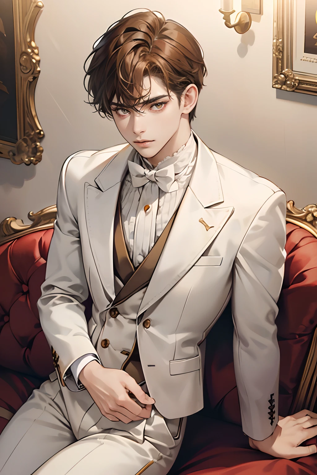 (tmasterpiece, high resolution, ultra - detailed:1.0), (1 boy, Young male), Eyes looking at the camera, Perfect male body, Extremely detailed CG, 8K wallpaper, Complicated details, solo person, ((Deep amber eyes)), ((Light brown hair with short curly edges)), [Thick eyebrows], sitting room, ((White suit)),victorian age,color difference, Depth of field, dramatic shadow, Ray tracing, Best quality, Cinematic lighting, offcial art, Portrait