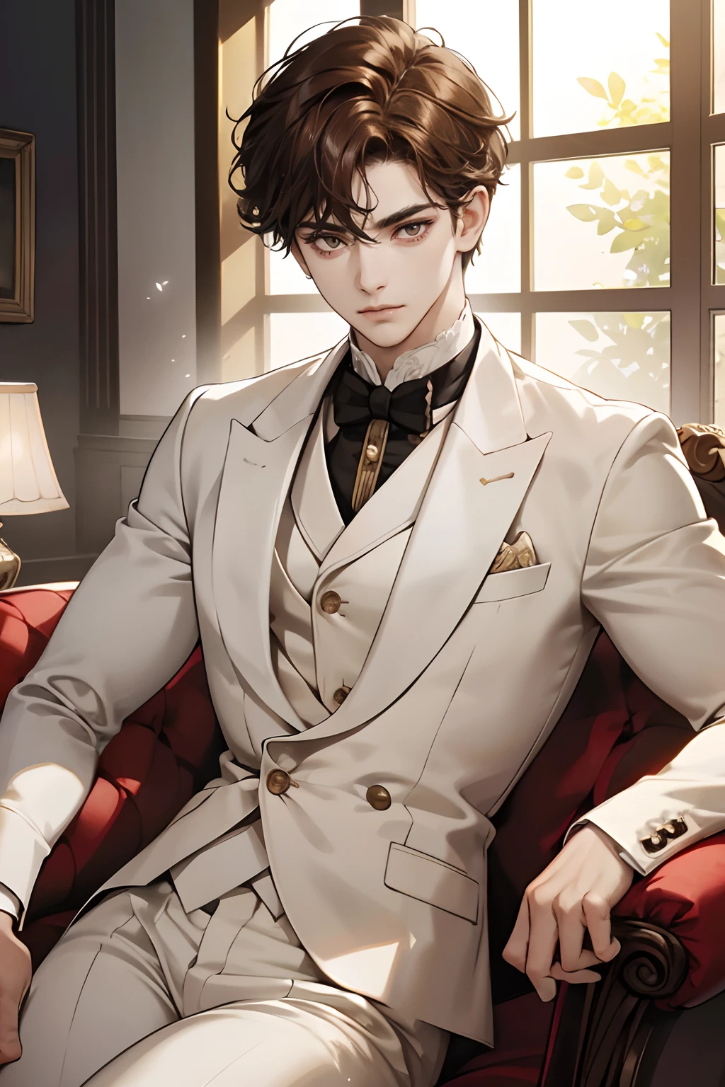 (tmasterpiece, high resolution, ultra - detailed:1.0), (1 boy, Young male), Eyes looking at the camera, Perfect male body, Extremely detailed CG, 8K wallpaper, Complicated details, solo person, ((Deep amber eyes)), ((Light brown hair with short curly edges)), [Thick eyebrows], sitting room, ((White suit)),Arrogant expression,victorian age,color difference, Depth of field, dramatic shadow, Ray tracing, Best quality, Cinematic lighting, offcial art, Portrait