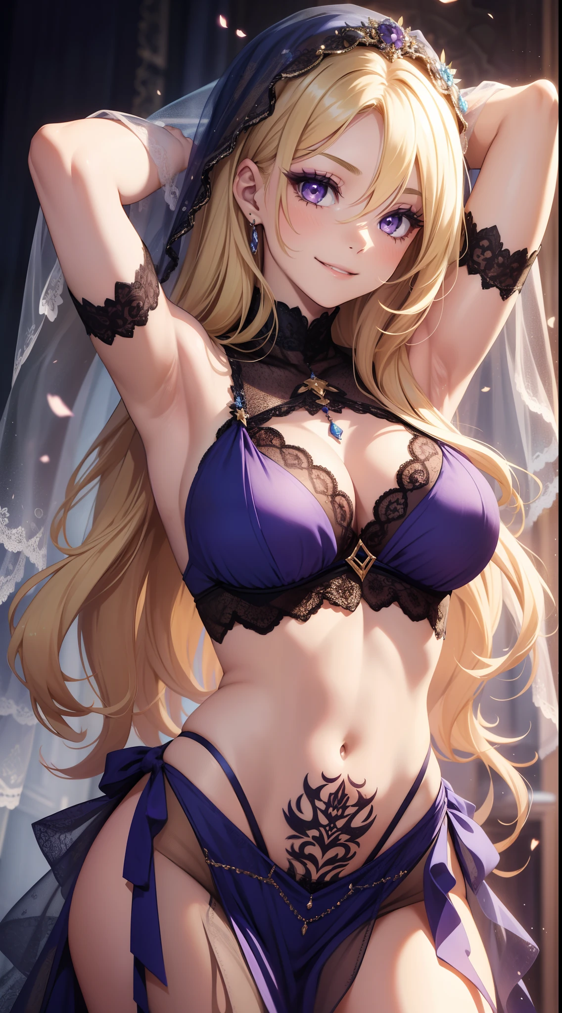 young girl, long blond hair, purple eyes, blue dancer dress, open breasts, open belly, sleeveless, tattoo, hands behind head, smile, veil on face, Masterpiece, hiquality, 4k, HD, Good detail