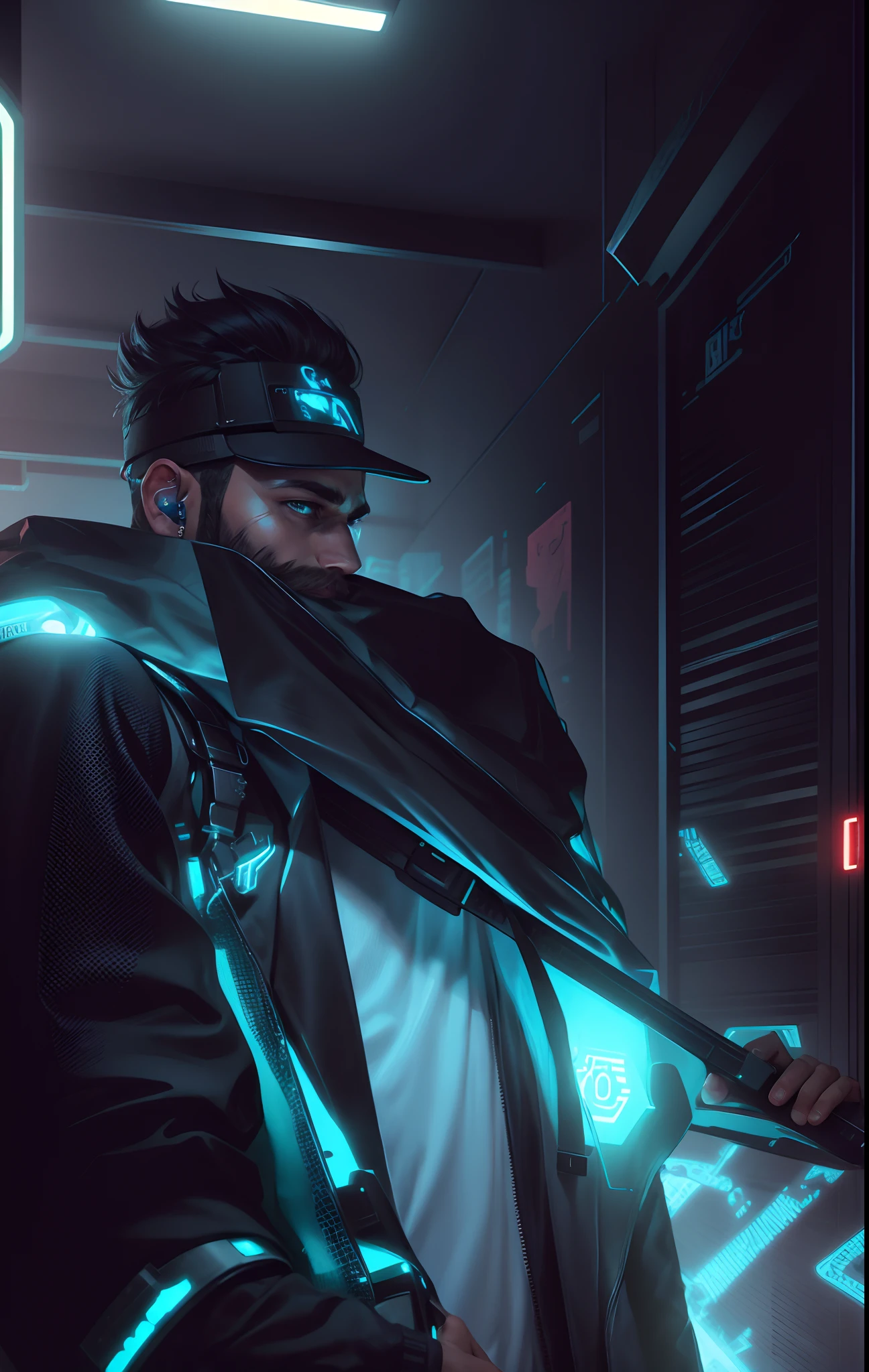 Change background cyberpunk, handsome boy, beard, 8k realistic face
