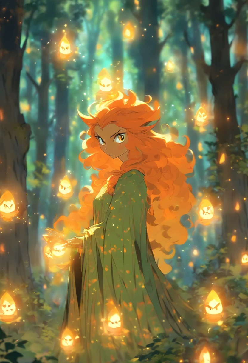 A witch with (vibrant, fiery) orange hair casting (powerful, mesmerizing) glowing orange spells, wearing a flowing blue robe, inside of a (mysterious, enchanted) mystical forest. The forest is filled with (ancient, towering) trees covered in moss and (twinkling, magical) fireflies. The witch's eyes are (piercing, intense) and her lips are (dark, enchanting) red. The forest is bathed in (ethereal, soft) golden sunlight, creating (dappled, dreamy) shadows on the forest floor. The atmosphere is filled with (whispers, whispers of arcane knowledge) and the smell of (herbs, herbs and earth). The witch's spells create (sparks, sparks of energy) that dance through the air, illuminating the forest with their (warm, vibrant) orange glow. The air is filled with the sound of (crackling, crackling magic) and the hoot of an (elusive, mystical) owl. The witch's presence is both (alluring, mysterious) and (empowering, captivating), as she harnesses the magic of the forest to weave (intricate, intricate) spells. The scene exudes an aura of (magic, magic and enchantment), inviting the viewer to step into this (spellbound, spellbound) world. (best quality, highres), ultra-detailed, photorealistic:1.37. [HDR], [studio lighting].