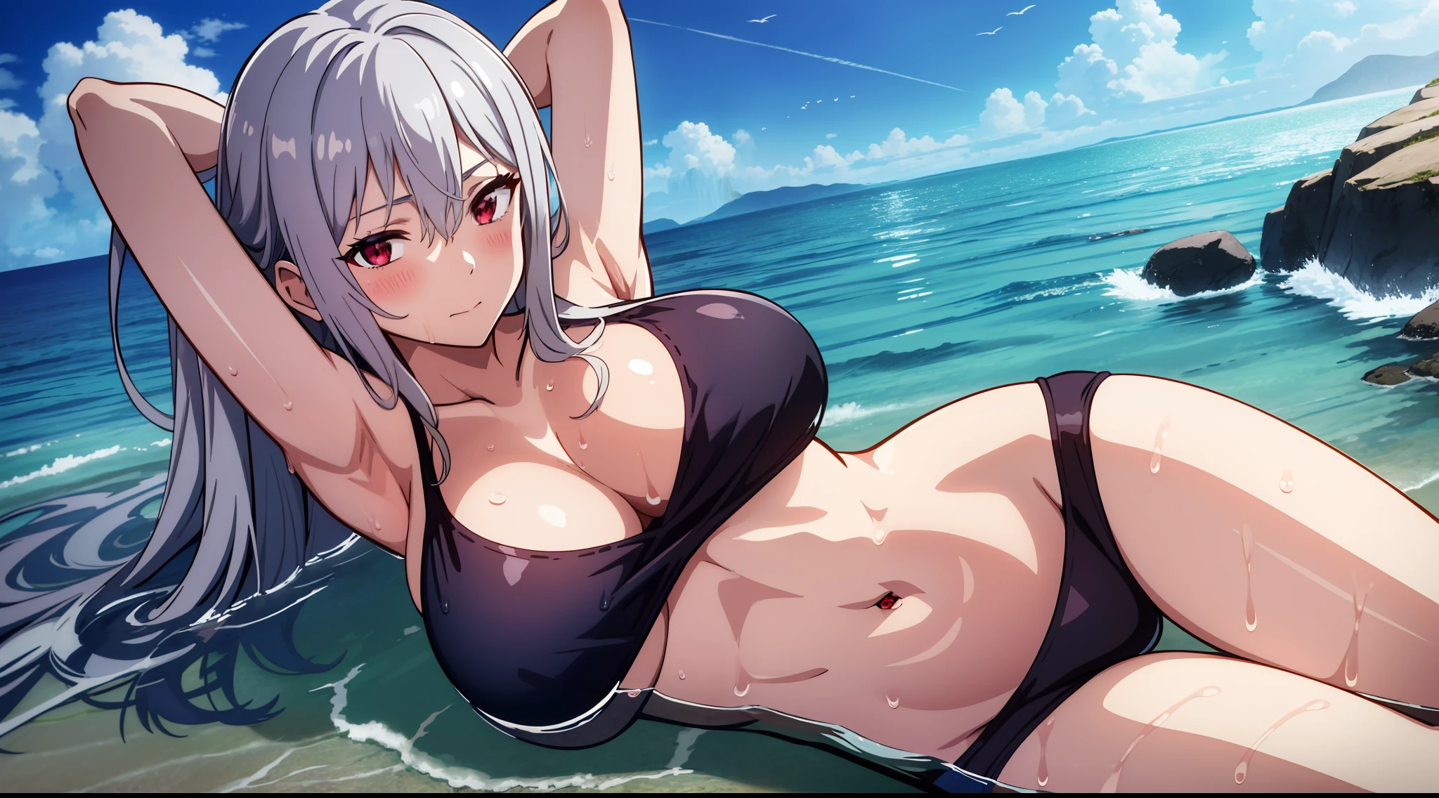 2D, HD, Detailed details, Detailed landscapes, beautiful lights, Beautiful Shadows, top-quality, Highly detailed, masterpiece, best quality, highres, skadi, no hat, gray hair, red eyes, large breast, long hair, blush, closed mouth, navel, looking at viewer, anime, full body, armpits, stomach, highly detailed eyes, cleavage, arms behind back, highly detailed face, anime styled, wet clothes, sea, horizom, sky