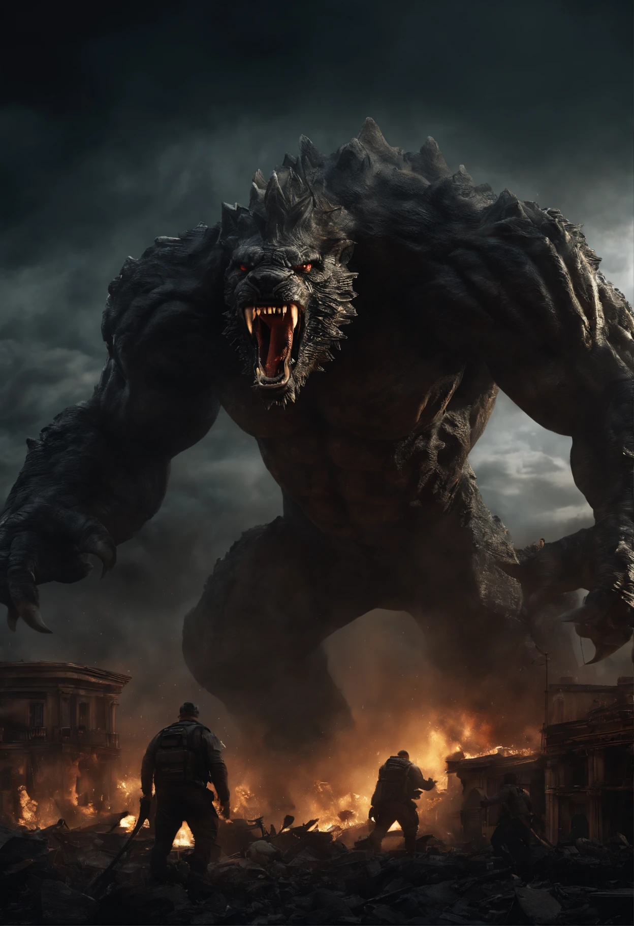 (best quality,4k,8k,highres,masterpiece:1.2),ultra-detailed,(realistic,photorealistic,photo-realistic:1.37),giant monster,destructive power,massive creature,dark and menacing,ominous atmosphere,fierce and terrifying,monstrous appearance,city under attack,panicked civilians,chaotic destruction,epic battle,devastated buildings,towering skyscrapers in ruins,seismic tremors,debris scattered,smoke-filled sky,dynamic movement,enormous claws and teeth,lava-like eyes,powerful roars and growls,moonlit night,stormy weather,dramatic lighting,apocalyptic scene