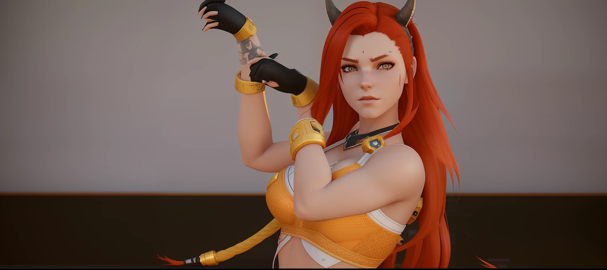 there is a 3d image of a woman with red hair and horns, render of april, inspired by Sim Sa-jeong, brigitte from overwatch, as a character in tekken, succubus in sundress portrait, inspired by Yang J, asuka as a surfer model, <mmorpgs scene, aloy, twintails white_gloves, lovely brigitte from overwatch