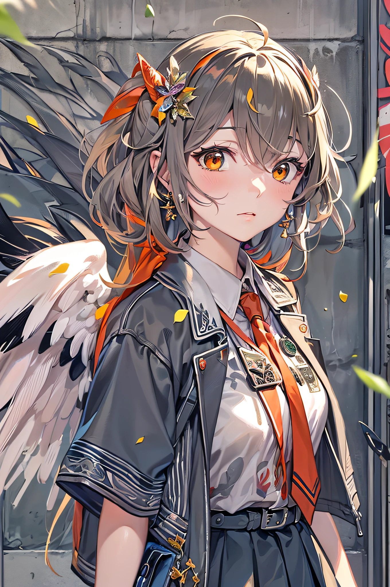 Anime girl in short dress and jacket walks down the street、anime moe art style、anime style 4 k、anime styled。8K、Anime visuals of cute girls、young anime girl、Digital Animation Illustration、Anime-style illustrations、Anime-style portraits、Shinkai Makoto style、an anime girl、Portrait of an anime girl、Beautiful anime schoolgirl//Style
(typographic, lettering arts:1.5), (graffiti art:1.5),
(Red tone:1.3), (Yellow tone:1.3), (blue tone:1.4), (black tone:1.2),
BREAK
//quality and charactor
realistic, super photo realistic illustration, hight resolution, ultla detailed, absurderes,
extremely beautiful girl, (((Angel wings in graffiti art:1.2))), (off shoulders:1.3),
BREAK
//Fashion
(School Uniforms:1.2), (Wear a black shirt:1.3), (Red tie:1.3),(Red armband)
shirt dress, statement belt, ankle-strap heels,
(Tuckout skirt:1.3),(Skirt pull up:1.3),
BREAK
//background
White wall background, (Jewels and jewelry on background:1.5),
(Tree branches, Leaves, flower petals:1.2), (Ink splash on concrete wall:1.3),(trickart)
concrete wall, (Rough concrete texture:1.3),
BREAK
//emotion
Thoughtful expression, Pensive, Reflective, Contemplative,
Utopian performance, lost in thought, Contemplative, Pensive,
BREAK
//effect
(Colorful:1.5), Blooming light effect,