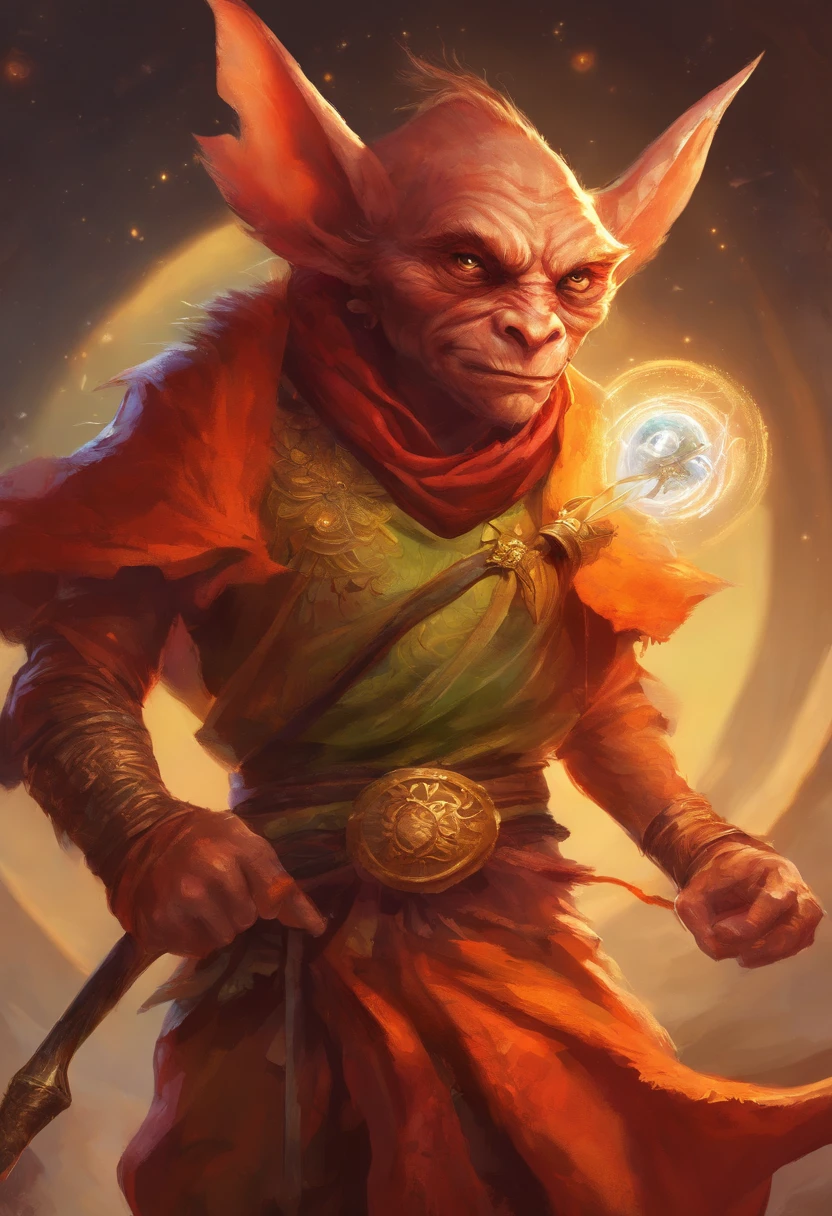 A red-skinned goblin (inspected from the red-skinned Japanese Oni demon). The elf is dressed in a toga made of furry orange fur. the skin is orange in color with black dots and thin stripes and a round patch on the skin. The atmosphere is one of magic and romance and mystery. In the background the universe. realistic image, perfect quality, high definition. the goblin is being hit, pierced, impaled, by a beam of white light coming from above. standing on treasure