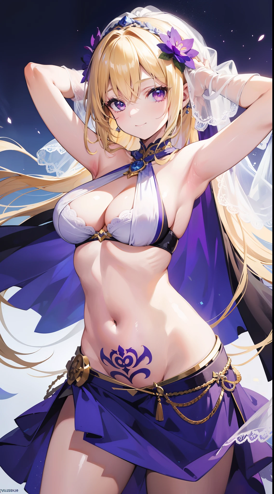 young girl, longue blonde hair, violet eyes, Blue dancer's dress, open breasts, open belly, Sleeveless, tattoo, hands behind head, Smile, A veil covers the face, Masterpiece, hiquality, 4k, HD, Good detail