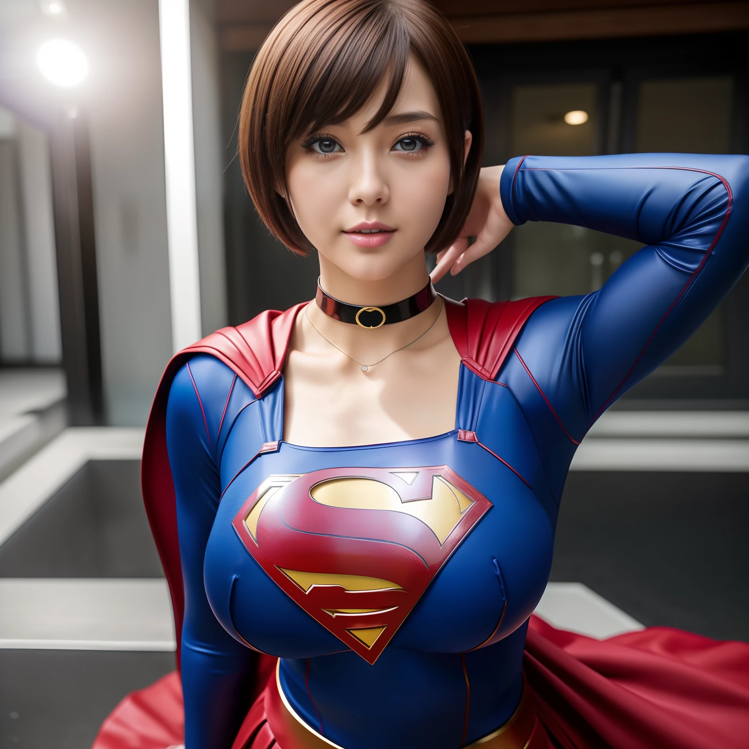 (Best Quality,4K,8K,hight resolution,masutepiece:1.2),Ultra-detailed,Realistic:1.37,Super masterpiece,Short-haired Supergirl、large full breasts、Looking at the camera、Glossy costume、a choker、Too short miniskirt、Weekly magazine cover、hposing Gravure Idol