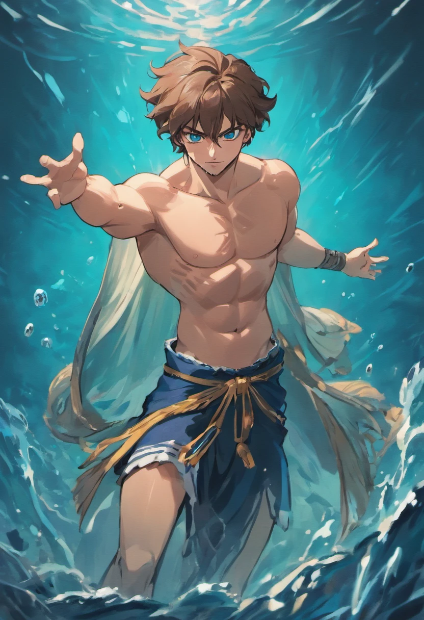 Poseidon, shoulder length brown hair, beard, ocean blue eyes, chiton, greek toga, muscular.