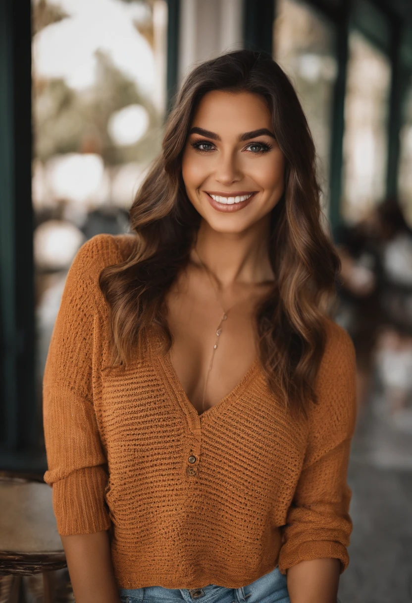 Woman smiling in café,  35 anoscom olhos castanho, Retrato Sophie Mudd, cabelos castanhos e olhos grandes, selfie de uma jovem mulher, Olhos do quarto, Violeta Myers, sem maquiagem, maquiagem natural, Looking directly at the camera, Rosto com ArtGram, maquiagem sutil, Impressionante tiro de corpo inteiro, olhos verdes penetrantes, beautiful angle, pose atraente, menina bonito, pose sexy, imagem de corpo inteiro, corpo inteiro, Tiro de corpo inteiro, Deusa morena, High detail, Pose satisfeita, street wear