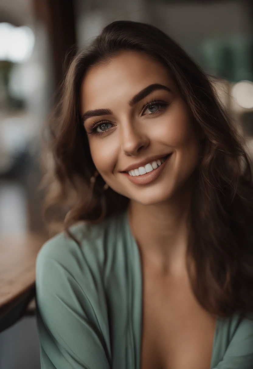 Woman smiling in café, 35 anoscom olhos castanho, Retrato Sophie Mudd, cabelos castanhos e olhos grandes, selfie de uma jovem mulher, Olhos do quarto, Violeta Myers, sem maquiagem, maquiagem natural, Looking directly at the camera, Rosto com ArtGram, maquiagem sutil, Impressionante tiro de corpo inteiro, olhos verdes penetrantes, beautiful angle, pose atraente, bonito, pose sexy, imagem de corpo inteiro, corpo inteiro, Tiro de corpo inteiro, Deusa morena, High detail, Pose satisfeita, street wear