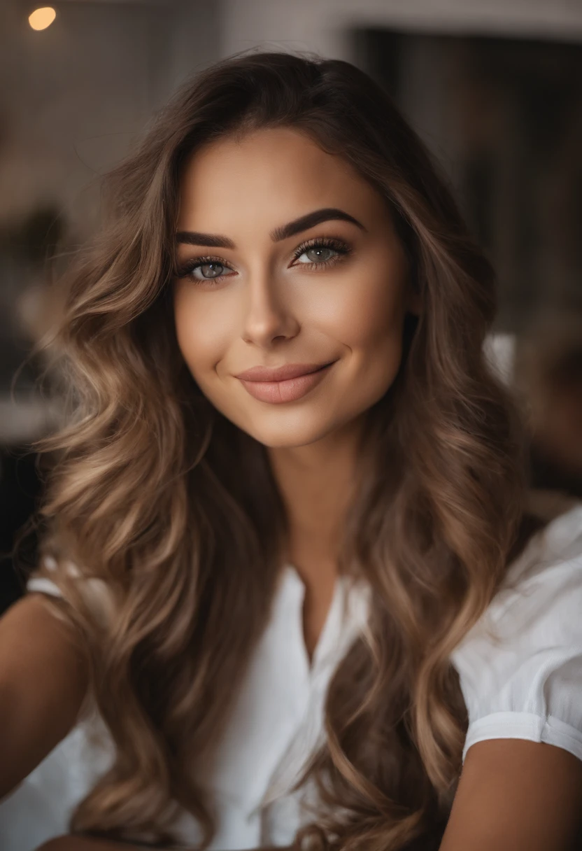 Woman smiling in café,  35 anoscom olhos castanho, Retrato Sophie Mudd, cabelos castanhos e olhos grandes, selfie de uma jovem mulher, Olhos do quarto, Violeta Myers, sem maquiagem, maquiagem natural, Looking directly at the camera, Rosto com ArtGram, maquiagem sutil, Impressionante tiro de corpo inteiro, olhos verdes penetrantes, beautiful angle, pose atraente, menina bonito, pose sexy, imagem de corpo inteiro, corpo inteiro, Tiro de corpo inteiro, Deusa morena, High detail, Pose satisfeita, street wear
