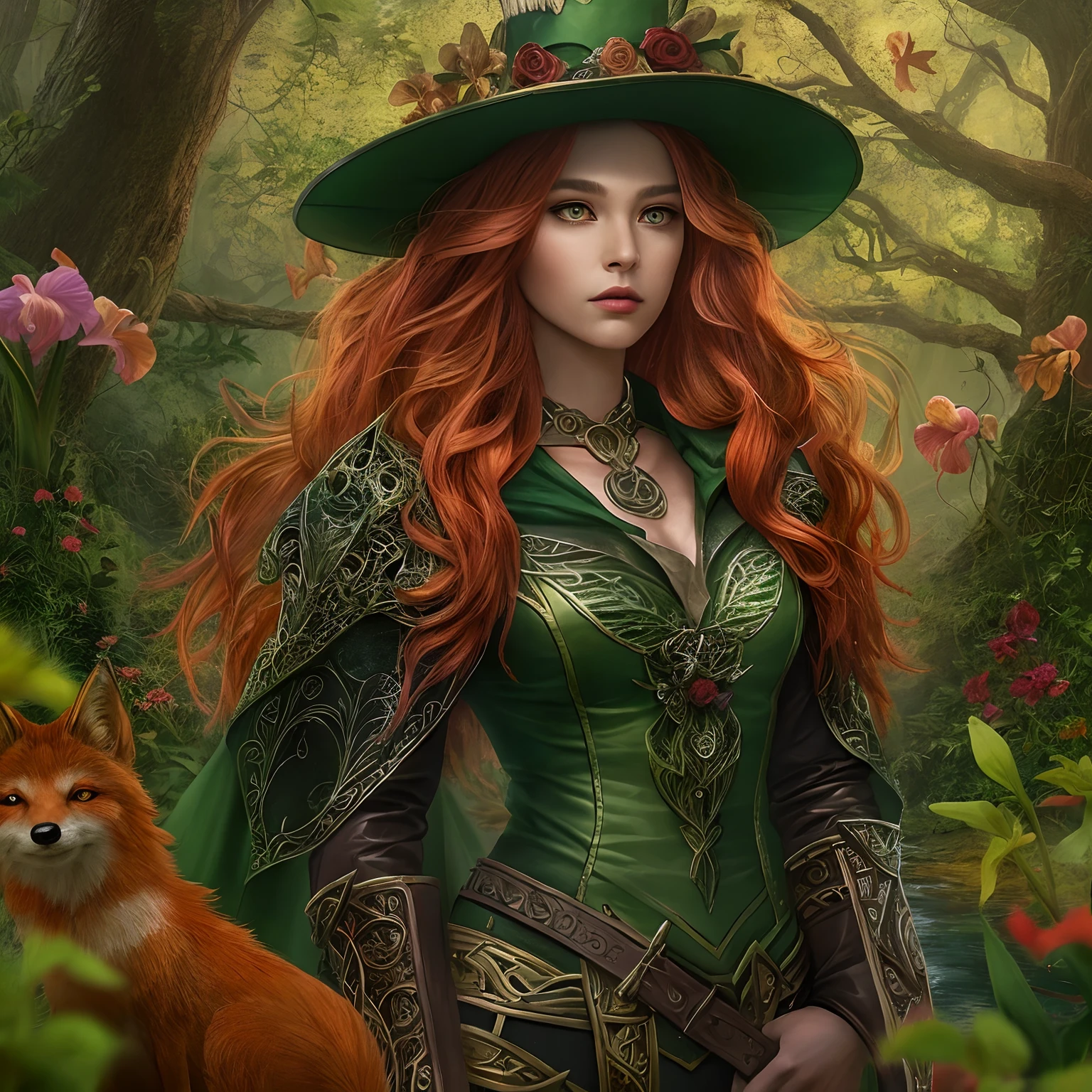 high details, best quality, 8k, [ultra detailed], masterpiece, best quality, (extremely detailed), dynamic angle, ultra wide shot, RAW, photorealistic, fantasy art, dnd art, rpg art, realistic art, a wide angle picture of a female human ranger and her pet fox, warrior of nature, fighter of nature, full body, [[anatomically correct]]. dynamic position (1.5 intricate details, Masterpiece, best quality) talking to a fox (1.6 intricate details, Masterpiece, best quality) in forest (1.5 intricate details, Masterpiece, best quality), a female  wearing leather clothes and wearing hooded royal green cape (1.4 intricate details, Masterpiece, best quality), leather boots, thick hair, long hair, red hair, fair skin intense eyes, forest  background (intense details), a stream flowing in the backgraound (1.4 intricate details, Masterpiece, best quality), dawn light, clouds (1.4 intricate details, Masterpiece, best quality), dynamic angle, (1.4 intricate details, Masterpiece, best quality) 3D rendering, high details, best quality, highres, ultra wide angle,  celtic fantasy, clover, poison ivy, fae, goddess of mischief, green magic, (wearing green tophat), pixie, fairy, celtic, Autumn, beautiful autumn spirit, fall season, Dark colored roses, perfect creation, perfect art, highly detailed, detailed art, masterpiece, perfect creation, perfect art, (outlined iris), (perfect eyes), (full figure),