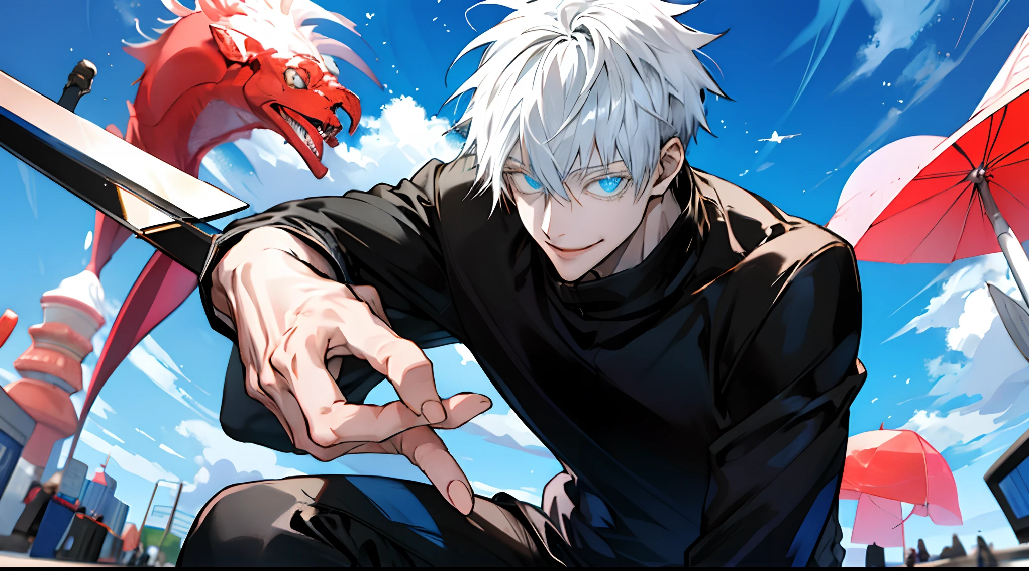 (masterpiece, best quality:1.2), (hyperdetailed face), (Super well-formed face), full body, solo, tall boy, tachie, male focus, 1boy, gojo satoru, smile, looking at viewer, white hair, blue eyes, crystal clear eyes, beautiful pupils, beautiful detailed eyes, long eyelashes, black sweater, long sleeves, black pants, lift sunglasses, beautiful blue sky, summer sky, dynamic angle, at Shibuya city, tokyo, japan, perfect hands, perfect fingers, dex finger raised