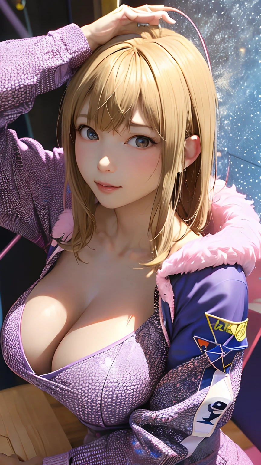 (masterpiece、top-quality、hight resolution、Official art、Beautifully Aesthetic:1.2)、(8K:1.4)、(1girl in)、ighly detailed:1.4、Best Quality、3D、(Photorealsitic:1.4)、Realistic、colourfull、highestdetailed、face perfect、(Beautiful hairstyle:1.2)、(Platinum Blonde Hair:1.4)、The upper part of the body、nffsw、(doa:1.3)、(Cosplay:1.5)、(cleavage of the breast:1.2)、striking visuals、Bedroom、(Fractal space:1.4)、(Dynamic streaks、Bright trajectory:1.2)、vivd colour