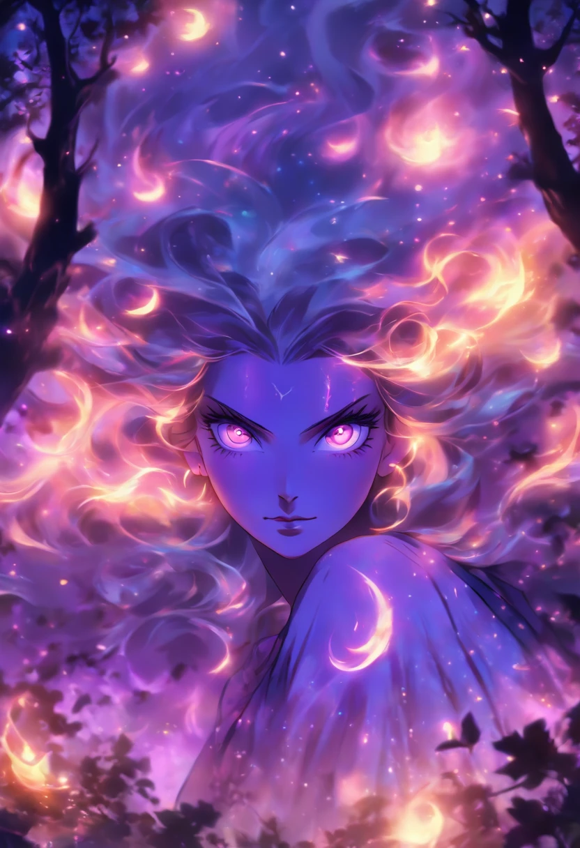 (best quality, highres, ultra-detailed, realistic:1.37), female, glowing purple eyes, long flowing blonde hair, witch, goddess, casting glowing spells, mystical fantasy woods, evil smirk, enchanted atmosphere, hauntingly beautiful, ethereal, dark magic, mesmerizing, captivating, mysterious aura, wisps of magic, moonlit glimmer, ancient power, bewitching presence, enchanting glow, intricate spellcasting, swirling energy, mystical symbols, surreal landscape, majestic trees, vibrant foliage, moonlight filtering through the branches, flickering lights, magical creatures, enchanting melodies, otherworldly whispers, ethereal haze, divinely powerful, aura of darkness, enchanting beauty, spellbinding gaze, magical essence, intoxicating charm, femme fatale, mythical realm, hauntingly seductive, spellbound onlookers