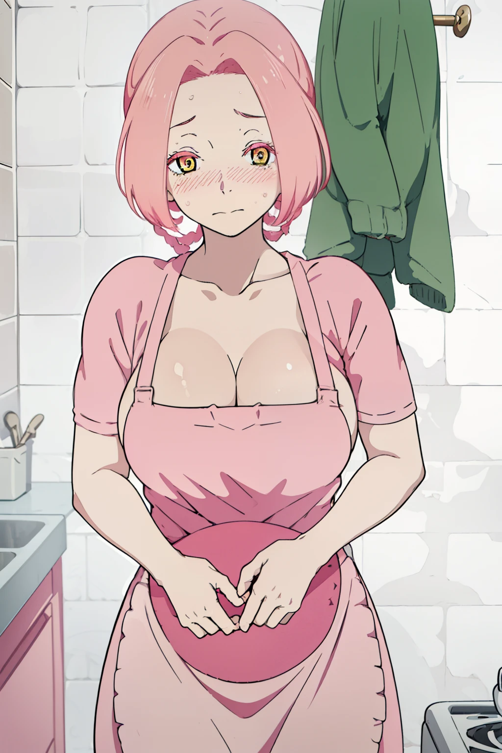Mommy Masterpiece,, Short pink hair , yellow detailed sparkling eyes , embarrassed , blushing                                                                                          
  (Best quality:1.3),mini breasts, naked, apron, cleavage, (pov, close shot), standing, kitchen background, blushing:1.2.