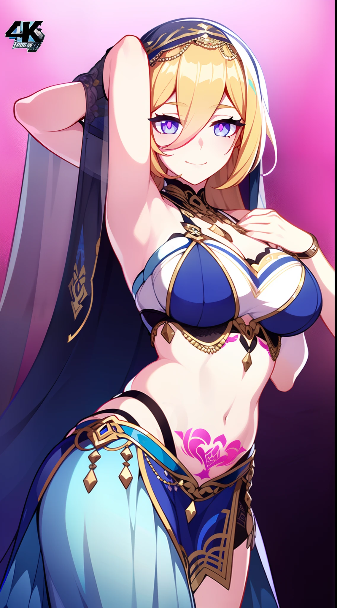 shikimori, medium breast, slim legs, blue gown, navel, skirt, standing, beautiful eyes, blue eyes, happy, arabian belly dancer, bed, lying