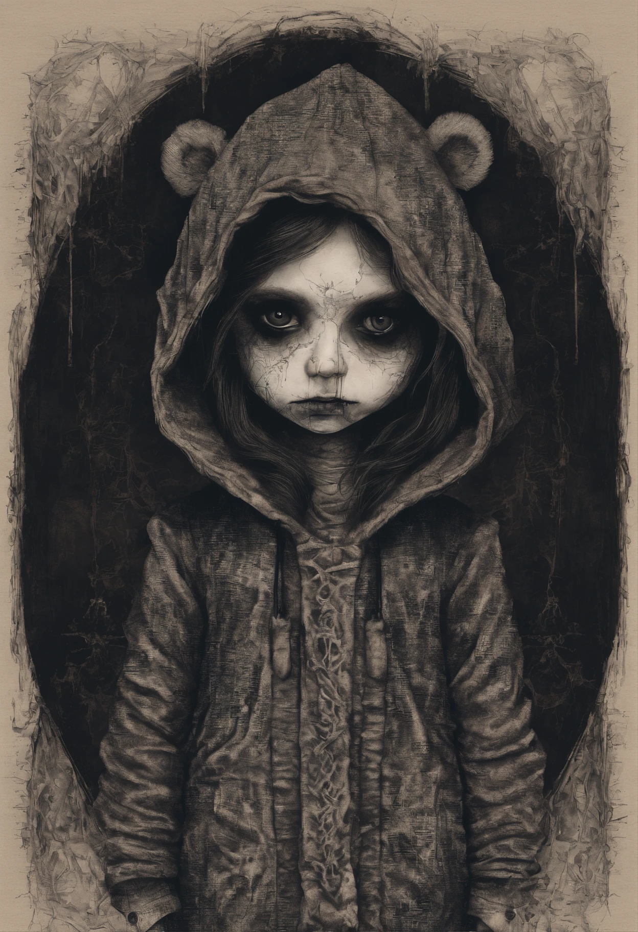 A daughter with dark brown hair and light brown eyes wearing a teddy bear hoodie