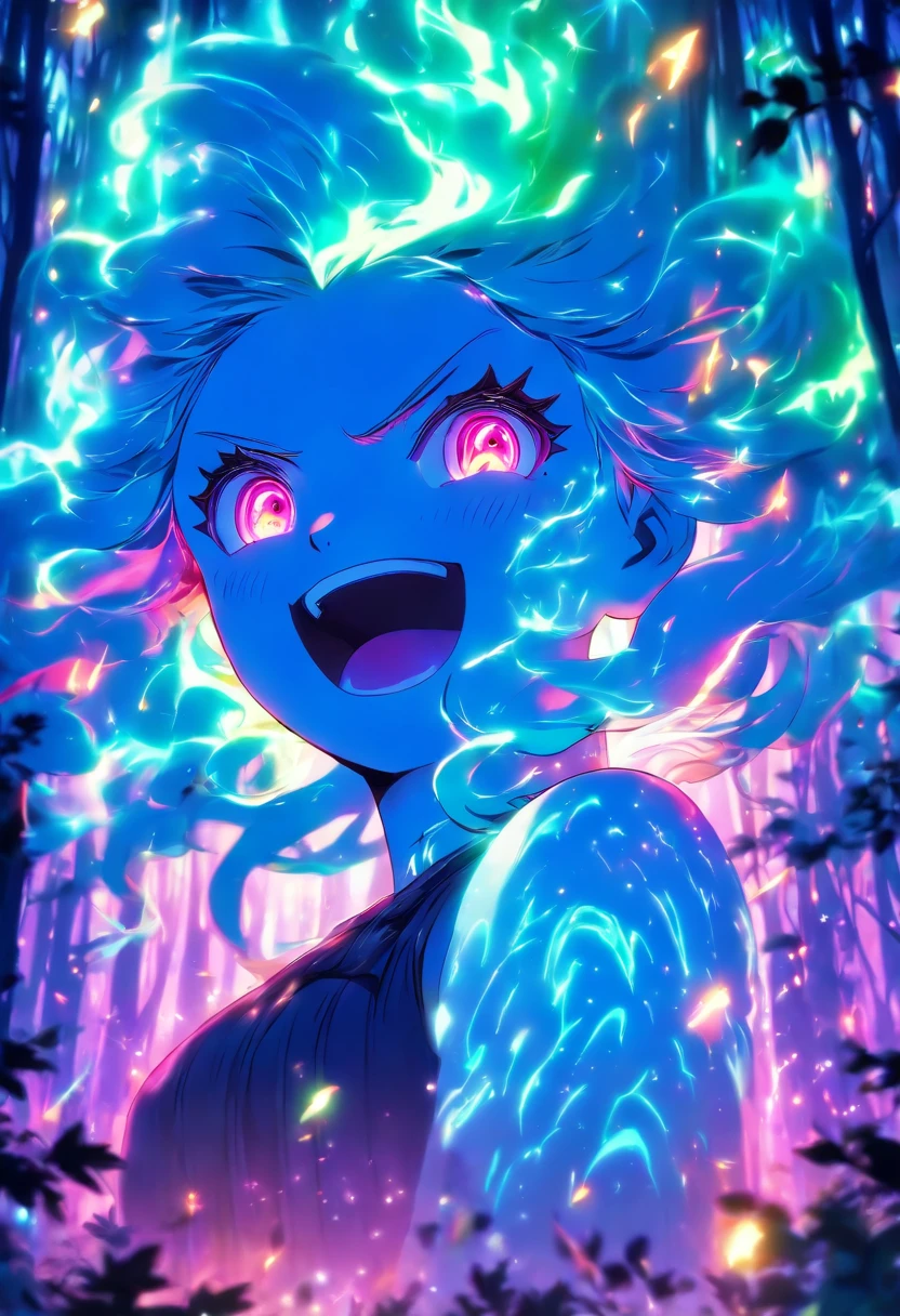 female with glowing teal eyes, rainbow colored hair casting glowing spells inside of a mystical forest
