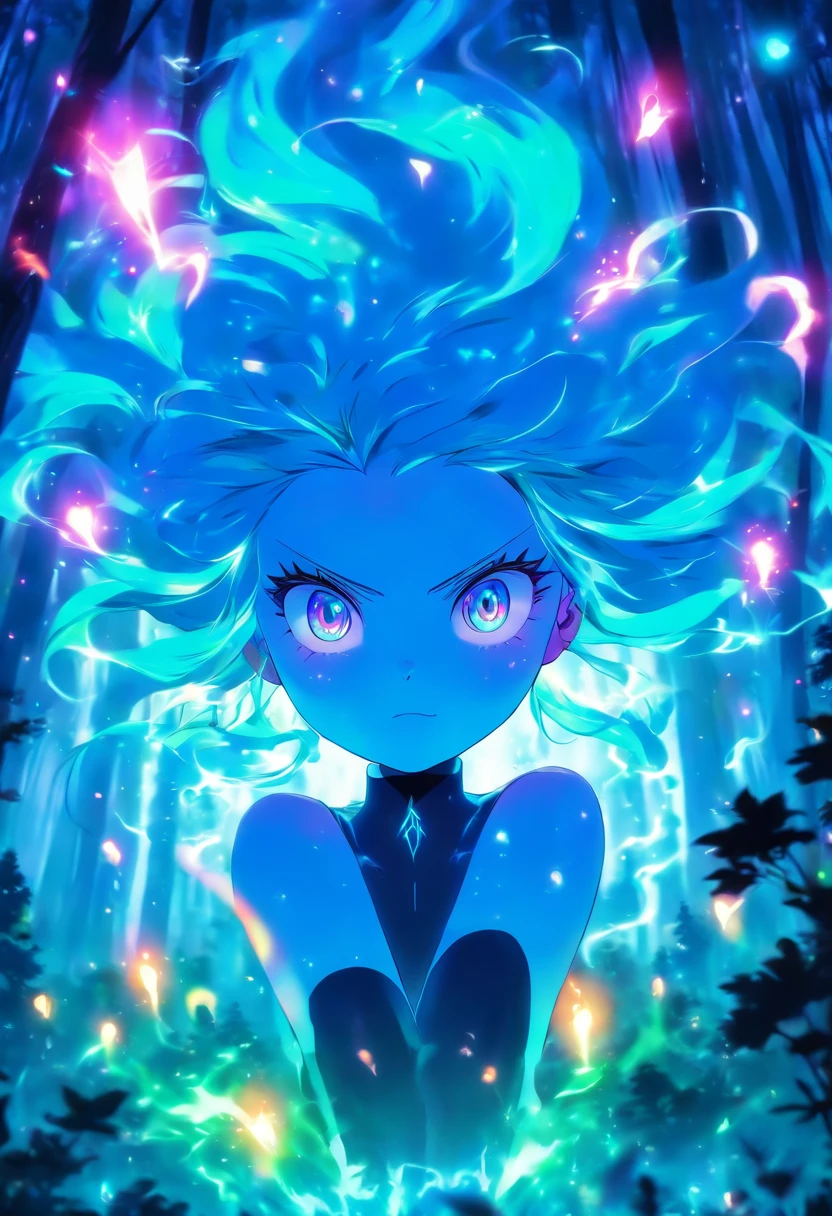 female with glowing teal eyes, rainbow colored hair casting glowing spells inside of a mystical forest