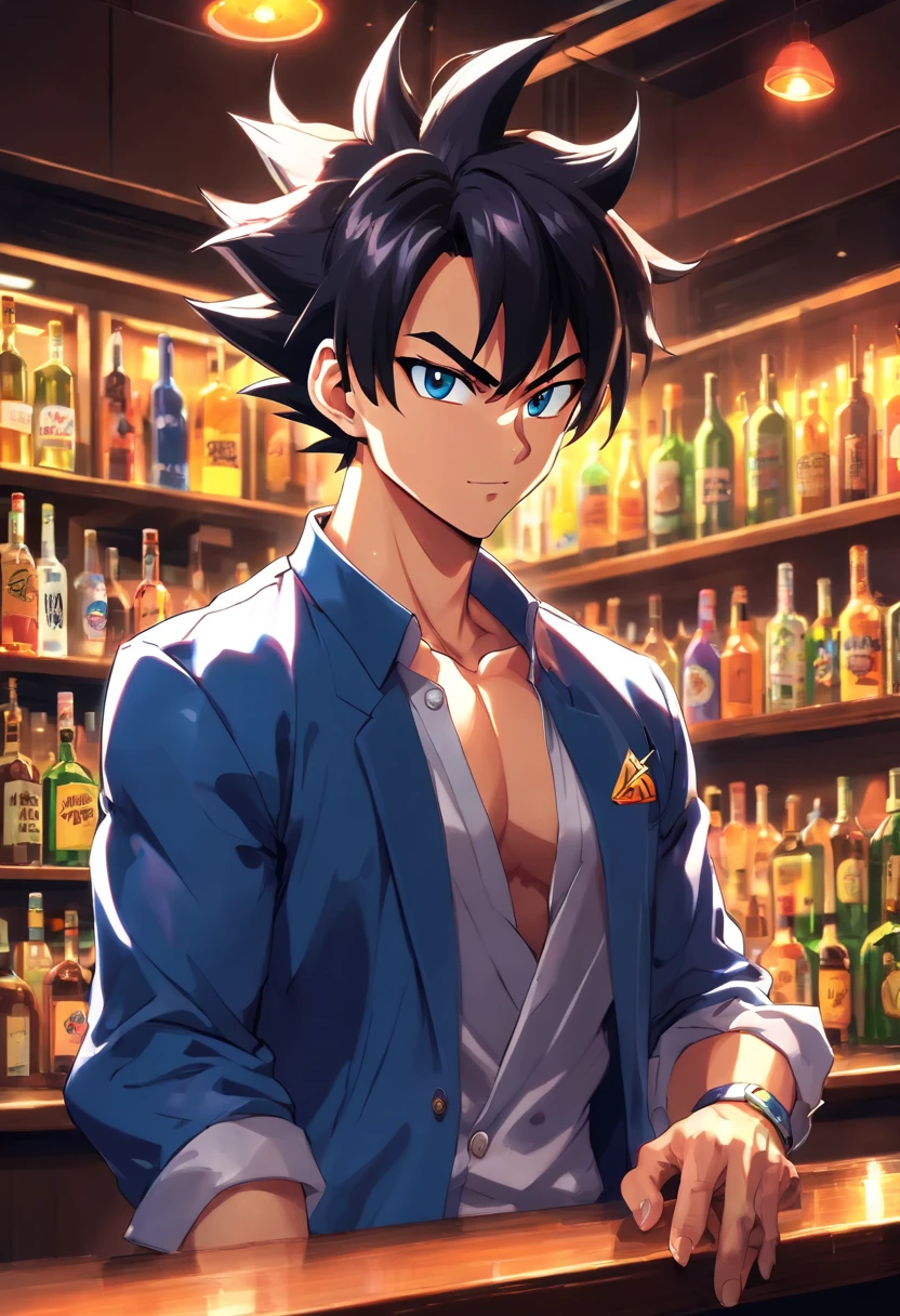 (best quality,Realistic:1.37),medium:oil painting,Vegeta em um terno preto,Vegeta standing in a bar,Dragon ball style,moda masculina,atmosfera futurista,neon lights,Cocktails,reflexos no piso molhado,smoke in the air,Energetic music,paleta de cores escuras,foco nítido,confident expression,on his left hand, ele segura um copo com uma bebida roxa,bar lotado com pessoas conversando e rindo,cores vibrantes,sombras fortes,neon signs,brilho sutil,Beautiful and muscular physique,Vegeta's iconic spiky hair,fine details in your facial features,Dragon ball logo in background,physics-based rendering to make the image more realistic,Moody Lighting,cool and stylish vibes,bar counter with different bottles and glasses,bright colours to enhance the energetic atmosphere.