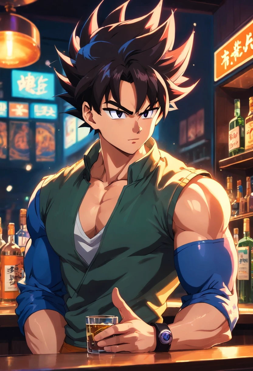 (best quality,Realistic:1.37),medium:oil painting,Vegeta em um terno preto,Vegeta standing in a bar,Dragon ball style,moda masculina,atmosfera futurista,neon lights,Cocktails,reflexos no piso molhado,smoke in the air,Energetic music,paleta de cores escuras,foco nítido,confident expression,on his left hand, ele segura um copo com uma bebida roxa,bar lotado com pessoas conversando e rindo,cores vibrantes,sombras fortes,neon signs,brilho sutil,Beautiful and muscular physique,Vegeta's iconic spiky hair,fine details in your facial features,Dragon ball logo in background,physics-based rendering to make the image more realistic,Moody Lighting,cool and stylish vibes,bar counter with different bottles and glasses,bright colours to enhance the energetic atmosphere.
