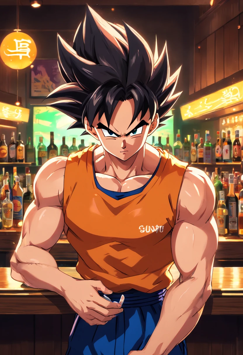 (best quality,Realistic:1.37),medium:oil painting,Vegeta em um terno preto,Vegeta standing in a bar,Dragon ball style,moda masculina,atmosfera futurista,neon lights,Cocktails,reflexos no piso molhado,smoke in the air,Energetic music,paleta de cores escuras,foco nítido,confident expression,on his left hand, ele segura um copo com uma bebida roxa,bar lotado com pessoas conversando e rindo,cores vibrantes,sombras fortes,neon signs,brilho sutil,Beautiful and muscular physique,Vegeta's iconic spiky hair,fine details in your facial features,Dragon ball logo in background,physics-based rendering to make the image more realistic,Moody Lighting,cool and stylish vibes,bar counter with different bottles and glasses,bright colours to enhance the energetic atmosphere.