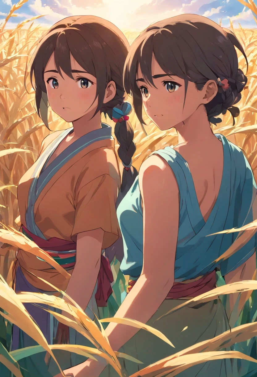 two Mayan women crying in a dry crop
