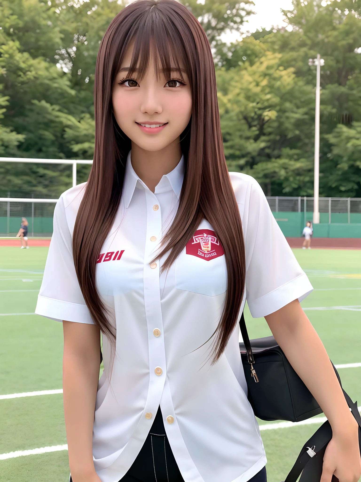 product quality, cowboy shot, front view, Japanese young pretty girl, long bob hair, a big smile, glamorous figure, wearing a red PE uniform, standing among many other students on a sport ground of a high school, super cute face, glossy lips, double eyelids for both eyes, natural makeup, long eyelashes, shiny smooth light brown long bob hair, asymmetrical bangs, tanned skin, center image, high resolution, detailed hairstyle, detailed face, spectacular movie lighting, octane rendering, hyper realistic, perfect limbs, perfect anatomy