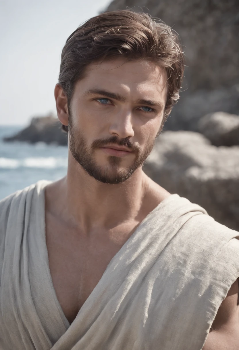 Poseidon, shoulder length brown hair, beard, ocean blue eyes, chiton, greek toga, muscular. Black and white, realistic anime. Realistic hyper-detailed portraits, masculine, western style portraits, digital art techniques