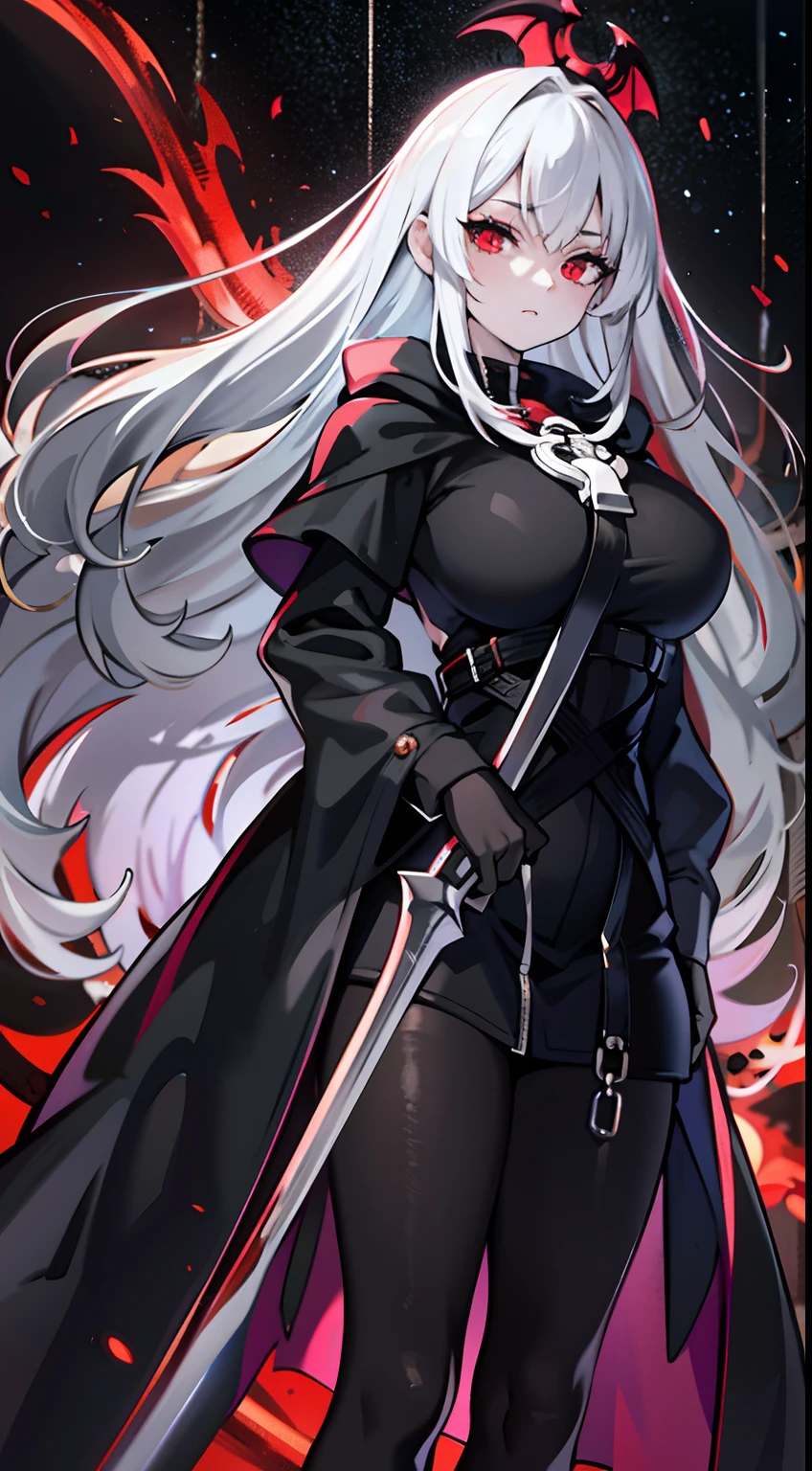 upper body, 1woman, white hair, Long Haired, Red eyes, (Vampire), Black Long hoodie Cape, Black Large Scythe, black tunic, big breats, wallpaper, Chain background, light particles, (masterpiece), best quality, side-swept bangs, Top Quality, large black left wing, pale white skin