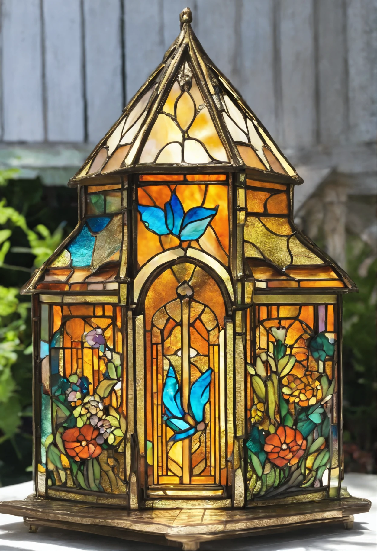 A golden flower mini fairy house with citcus flowers growing on the roof